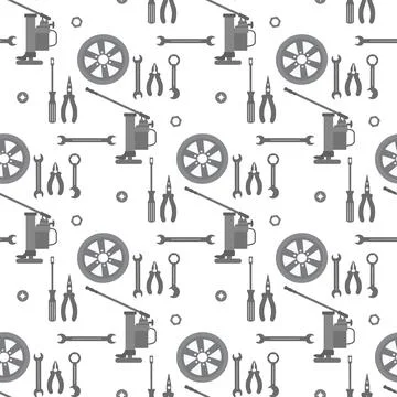 Car maintenance tools pattern with wrench, screwdriver, and oil can on whit.. Stock Illustration