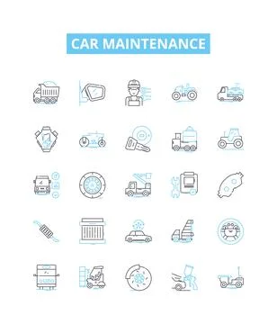 Car maintenance vector line icons set. Servicing, Repair, Tune-up, Oil, Tires Stock Illustration
