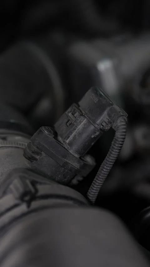 Car mass air flow sensor installed on engine intake pipe. Stock Footage 344595135