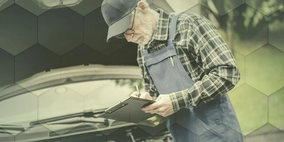 Car mechanic checking a car engine, geometric pattern Stock Photos