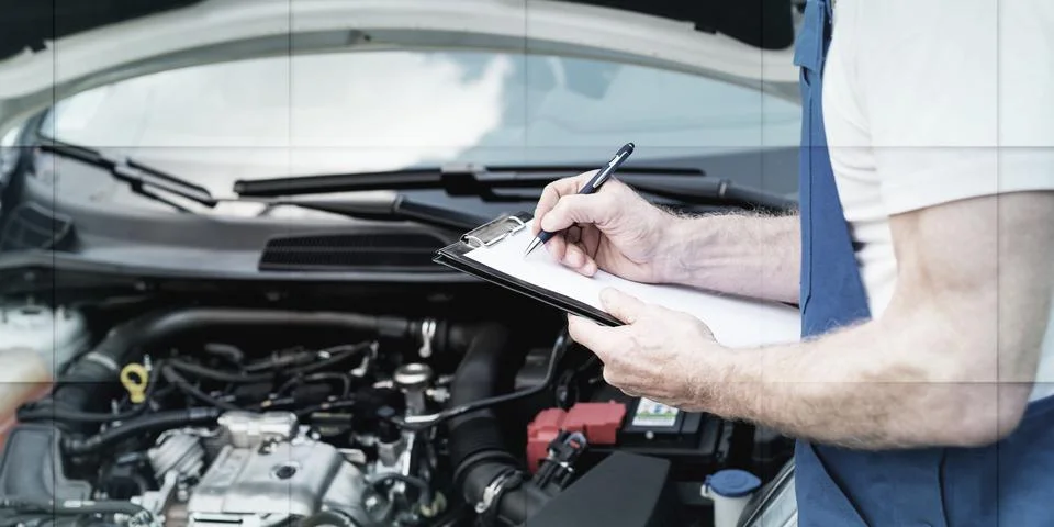 Car mechanic checking a car engine, geometric pattern Stock Photos