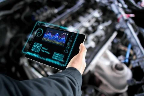 Car mechanic checking ECU electronic control unit with OBD or OBD2 scanner 스톡 사진