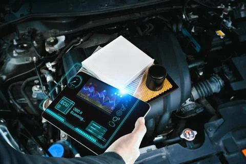 Car mechanic checking ECU electronic control unit with OBD or OBD2 scanner Stock-Fotos