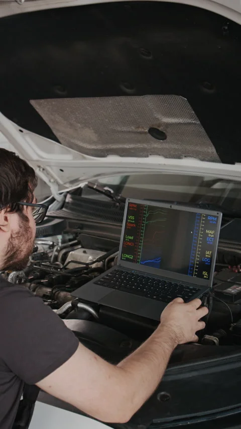 Car Mechanic Performing Computer Testing of Engine Performance Stock Footage 329479548