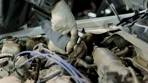 Car mechanic wearing gloves is using a ratchet to skillfully repair the engine Stock Photos