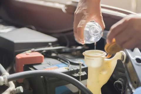 Car mechanic's hands checking and add clean water to the windshield washer .. Stock Photos
