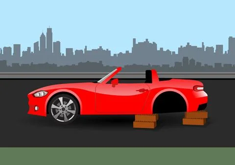 Car missing tre or wheel, stolen wheel Stock Illustration