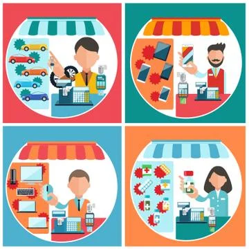 Car, mobile, pharmacist and computer store Illustrazione stock