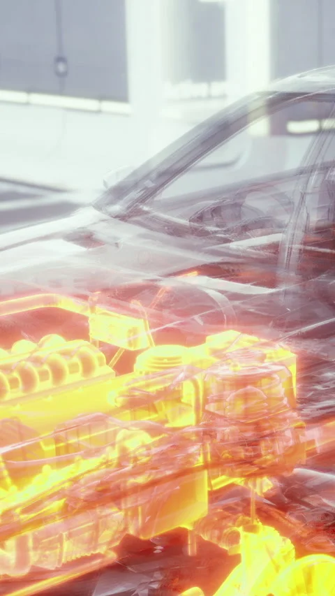 Car model design with transparent view and engine details in urban area Stock Footage 334883239