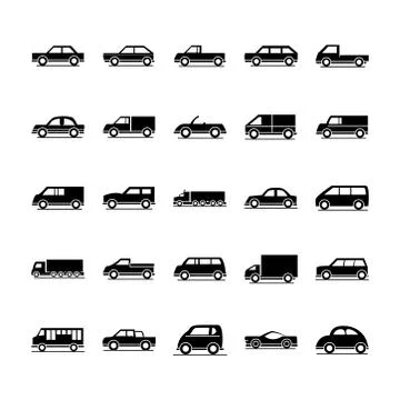 Car model sedan compact mini truck transport vehicle silhouette style icons set Illustrazione stock