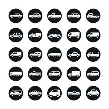 Car model sedan compact mini truck transport vehicle silhouette style icons set Illustrazione stock