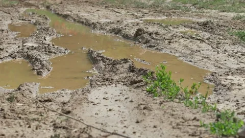 Car motion through big puddle of water splashes from the wheels on the old road Stock Footage 132396594