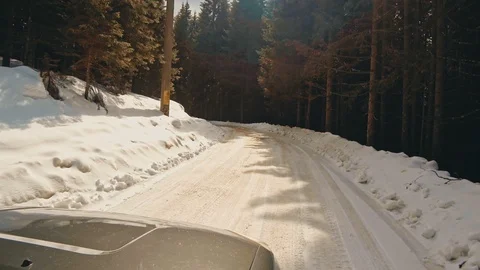 Car on mountain winter road Stock Footage 87231413
