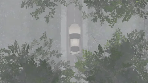 Car move drone view on heavy foggy road Stock Footage 293339608