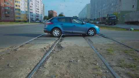 	The car moves on old rails.  Stock Footage 116564944
