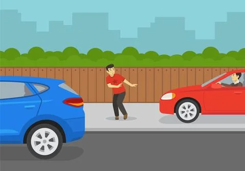 Car moves on sidewalk to avoid a traffic jam. Pedestrian about to be hit by car. Stock Illustration