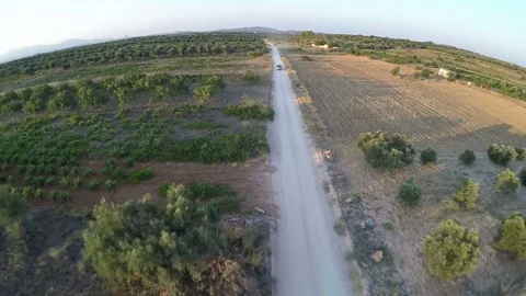 Car Is Moving Among the Fields on a Dirt Road Stock Footage 73777974