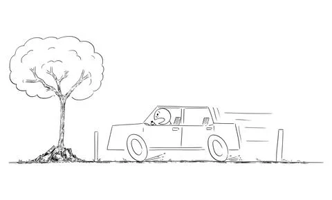 Car Moving Fast, Tree Growing on the Road, Driver Shocked , Vector Cartoon Stock Illustration