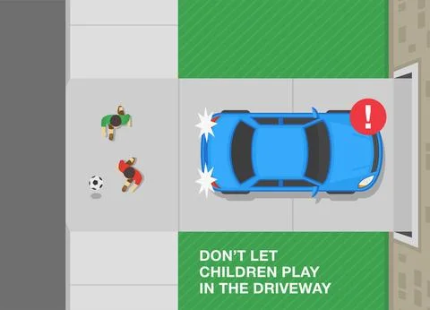 Car moving reverse while children plays with ball behind. Top view. Stock Illustration