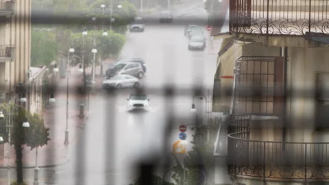 Car Moving Slow During The Flood Stock Footage 288892058
