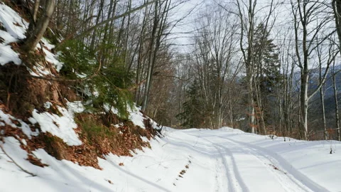 The car moving on a snowy road between snowy mountains at high altitude. Video stock 211707420