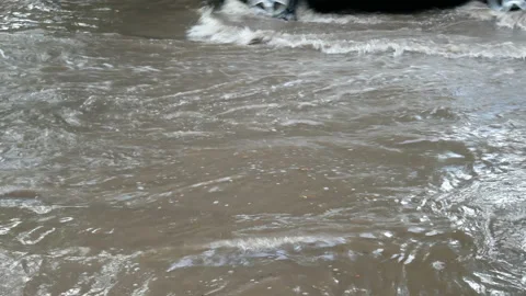 Car moving through road after downpour with deep water Stock-Footage 140766424