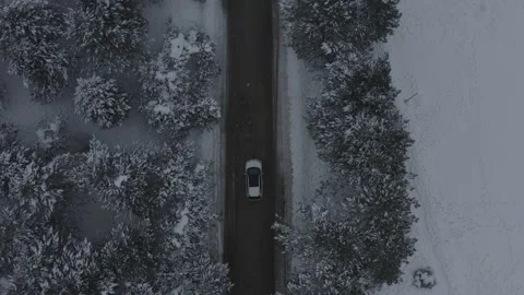 Car Moving Through Snowy Forest Road (Aerial) Stock Footage 207013244