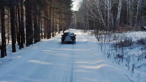 Car moving on white winter road at sunset between pine and birch trees Stock Footage 124217138