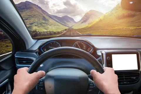 Car navigation display mockup. View from the driver's angle. Modern car inter Stock Photos
