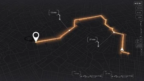 Car navigation screen with orange route and estimated time labels. Vector Stock Illustration