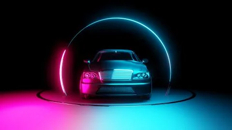 Car with neon light circle frames Illustrazione stock