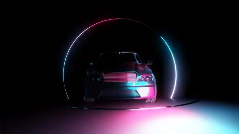 Car with neon light circle frames Illustrazione stock