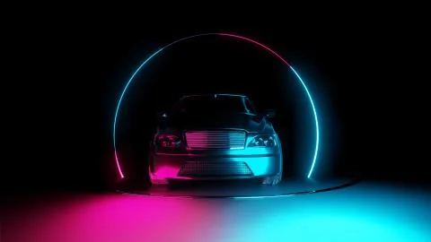 Car with neon light circle frames Stock Illustration