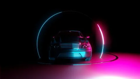 Car with neon light circle frames Stock Illustration