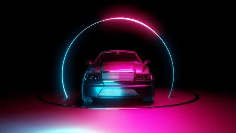 Car with neon light circle frames Stock Illustration