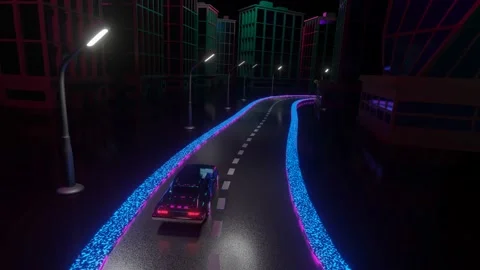 Car in neon light with neon flashes drives through the city at night illuminated Stock Footage 159072611