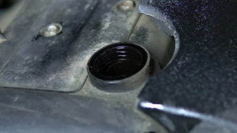 Car oil is poured into the neck of the engine Video stock 134492347