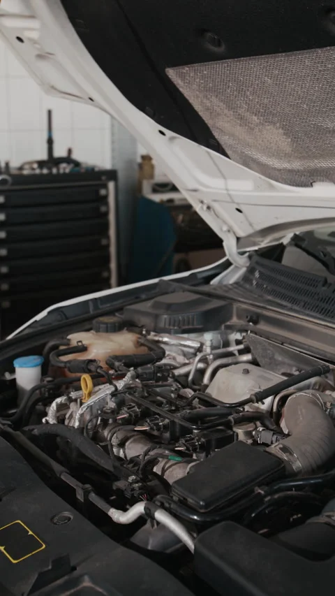 Car with Opened Bonnet and Visible Engine at Garage during Checkup Stock Footage 329480259