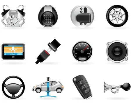 Car options, accessories and  features icon set Stock Illustration