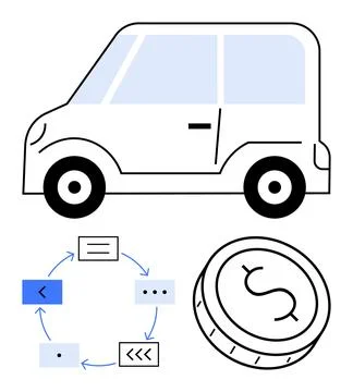 Car Outline with Circular Flowchart and Coin Symbol, Highlighting Elements .. Illustrazione stock