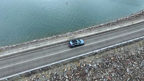 Car over the dam. lake eildon. drone shot Stock Footage 289296824