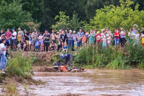 The car overcomes difficult obstacles. Large-scale sports competitions Stock Photos