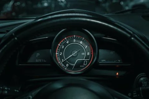 Car panel, digital bright speedometer, odometer and other tools. . Illustrazione stock