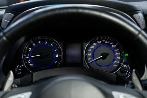 Car panel, digital bright speedometer, odometer and other tools Stock Photos