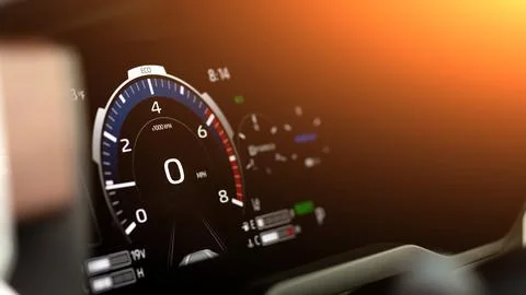 Car panel, digital bright speedometer, odometer and other tools. Stock Photos