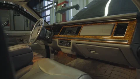 Car panel of retro car which stand in car showroom. Stock Footage 105645315