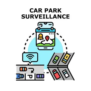 Car park surveillance system with smart technology and mobile application Illustrazione stock