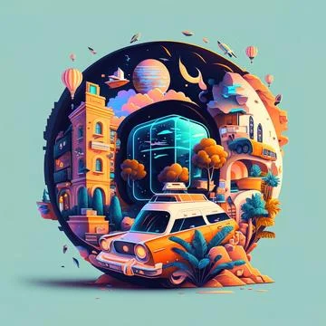 A car is parked in front of a building with a clock on it's side colorful f.. Ilustración de archivo