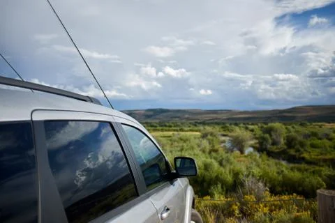 Car parked overlooking the Hams Fork River Stock Photos