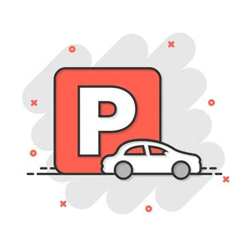 Car parking icon in comic style. Auto stand cartoon vector illustration on wh Stock Illustration